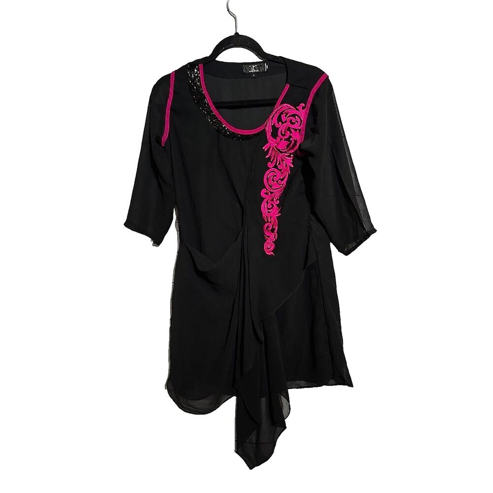 VTG Away of Life "it" Black Embroidered Beaded Short‎ Sleeve Dress Womans Large
